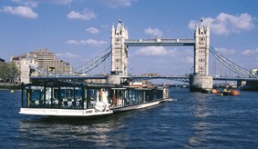 View of river Thames in London from Open Top Bus